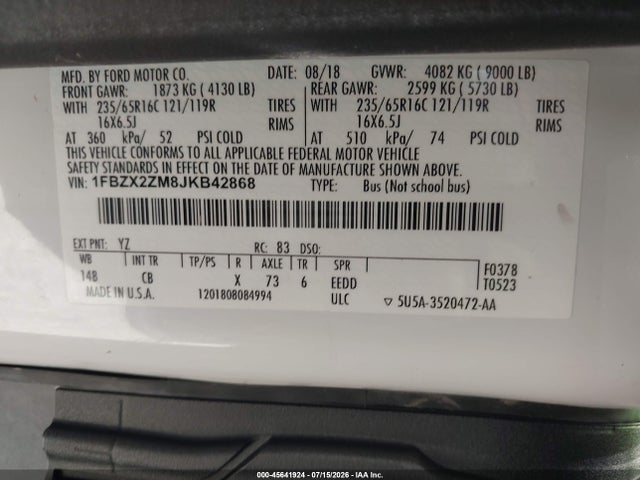 1FBZX2ZM8JKB42868 Ford Transit-350 Xl