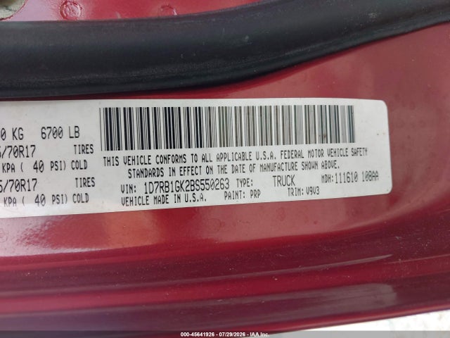 Aukcja sprzedaży 2011 Ram Ram 1500 St, vin: 1D7RB1GK2BS550263, numer aukcji: 45641926