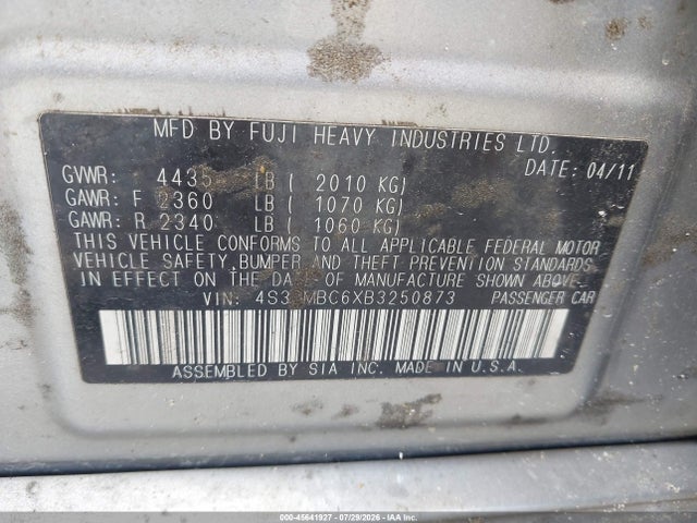 Продажа на аукционе авто 2011 Subaru Legacy 2.5i Premium, vin: 4S3BMBC6XB3250873, номер лота: 45641927
