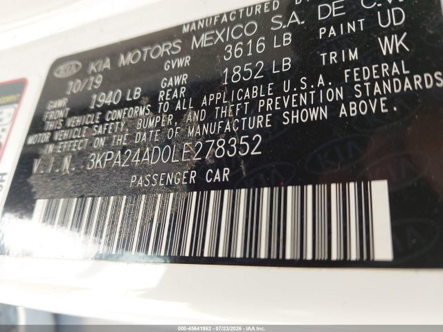 Aukcja sprzedaży 2020 Kia Rio S, vin: 3KPA24AD0LE278352, numer aukcji: 45641962