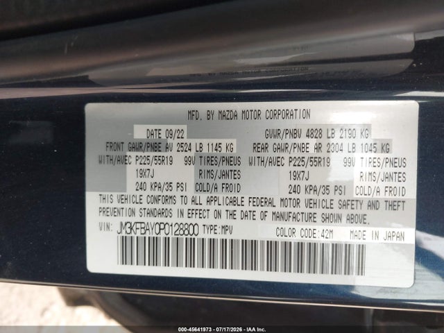 45641973 :رقم المزاد ، JM3KFBAY0P0128800 vin ، 2023 Mazda Cx-5 2.5 Turbo مزاد بيع