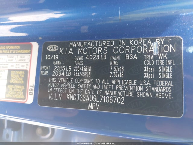 2020 Kia Soul Ex მანქანა იყიდება აუქციონზე, vin: KNDJ33AU9L7106702, აუქციონის ნომერი: 45641981