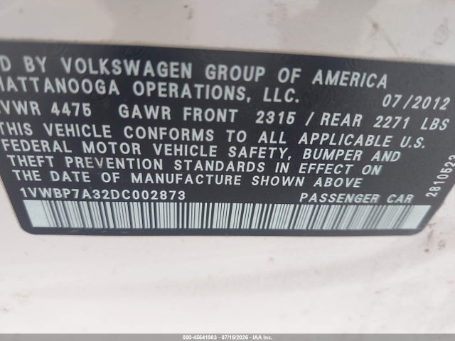 Продажа на аукционе авто 2013 Volkswagen Passat 2.5l Se, vin: 1VWBP7A32DC002873, номер лота: 45641983