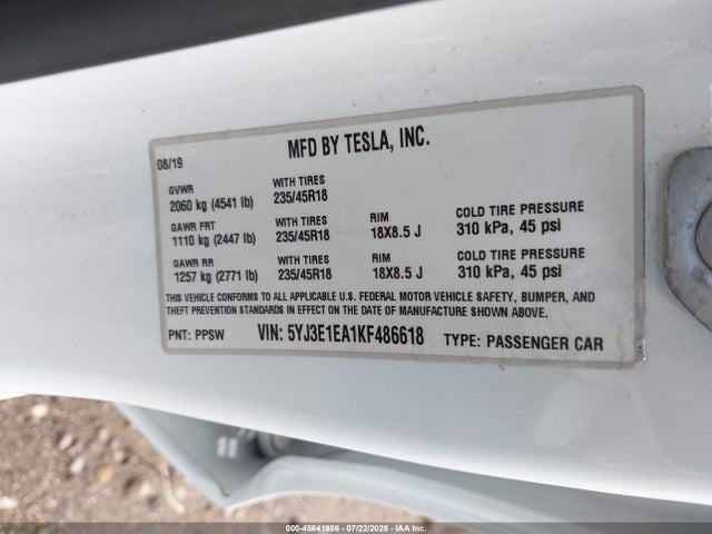 Продаж на аукціоні авто 2019 Tesla Model 3 Long Range/mid Range/standard Range/standard Range Plus, vin: 5YJ3E1EA1KF486618, номер лоту: 45641986
