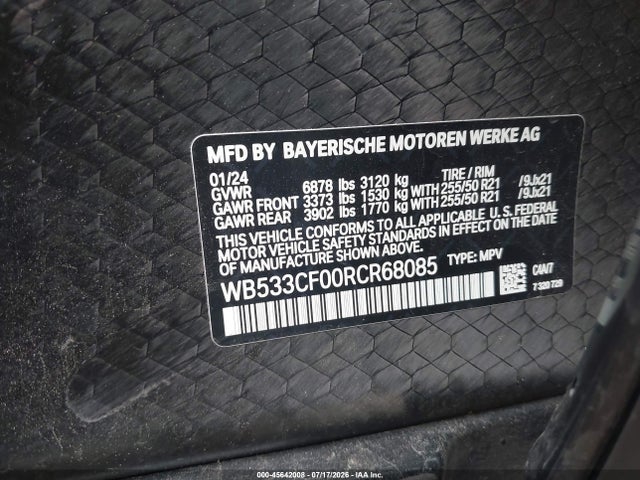 2024 Bmw Ix M60 მანქანა იყიდება აუქციონზე, vin: WB533CF00RCR68085, აუქციონის ნომერი: 45642008