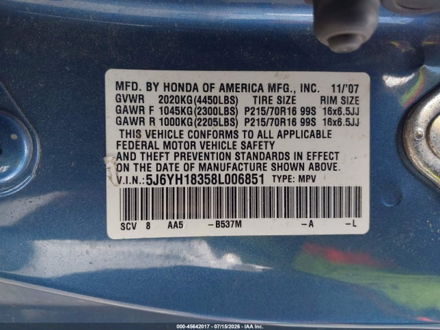 Продажа на аукционе авто 2008 Honda Element Lx, vin: 5J6YH18358L006851, номер лота: 45642017