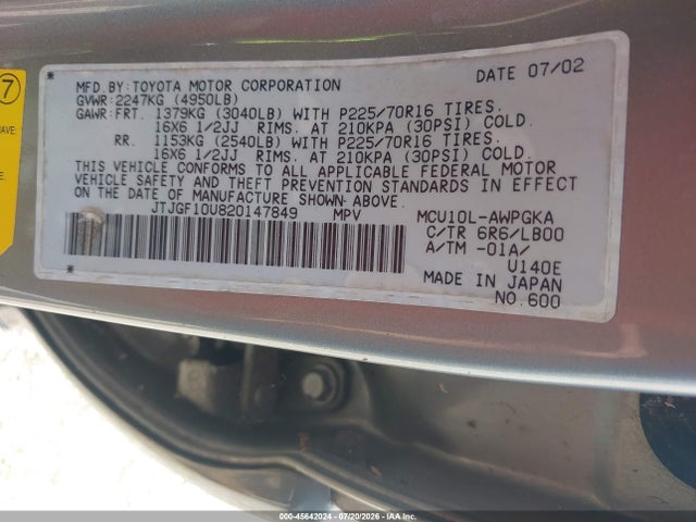 Aukcja sprzedaży 2002 Lexus Rx 300, vin: JTJGF10U820147849, numer aukcji: 45642024