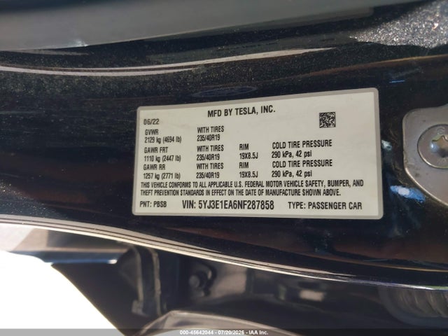 45642044 :رقم المزاد ، 5YJ3E1EA6NF287858 vin ، 2022 Tesla Model 3 Rear-wheel Drive مزاد بيع