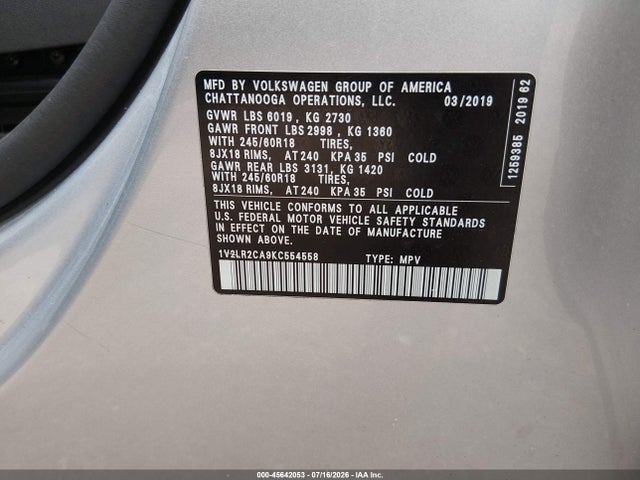 Продажа на аукционе авто 2019 Volkswagen Atlas 3.6l V6 Se, vin: 1V2LR2CA9KC554558, номер лота: 45642053