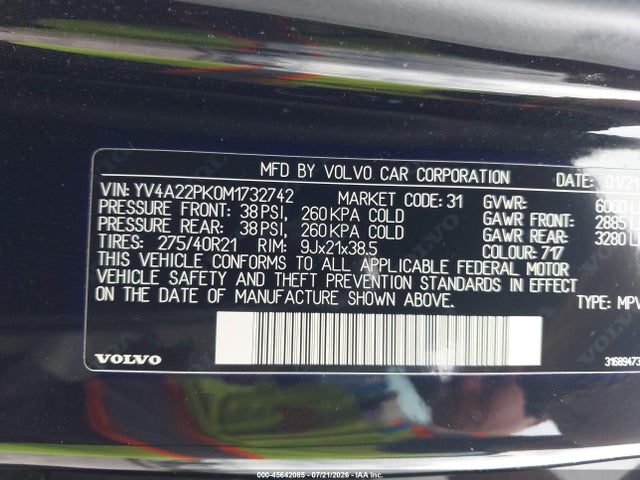 Продажа на аукционе авто 2021 Volvo Xc90 T6 Momentum 7 Passenger, vin: YV4A22PK0M1732742, номер лота: 45642085