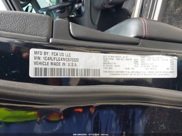 Auction sale of the 2021 Jeep Grand Cherokee Trailhawk 4x4, vin: 1C4RJFLGXMC670322, lot number: 45642093