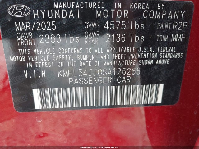 Auction sale of the 2025 Hyundai Sonata Hybrid Limited, vin: KMHL54JJ0SA126266, lot number: 45642097