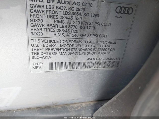 Продаж на аукціоні авто 2018 Audi Q7 2.0t Premium, vin: WA1LHAF72JD030413, номер лоту: 45642116