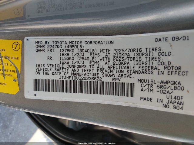 Aukcja sprzedaży 2002 Lexus Rx 300, vin: JTJHF10U320236622, numer aukcji: 45642118