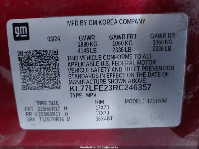 KL77LFE23RC246357 Chevrolet Trax Fwd Sp