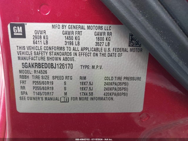 45642153 :رقم المزاد ، 5GAKRBED0BJ126170 vin ، 2011 Buick Enclave 1xl مزاد بيع
