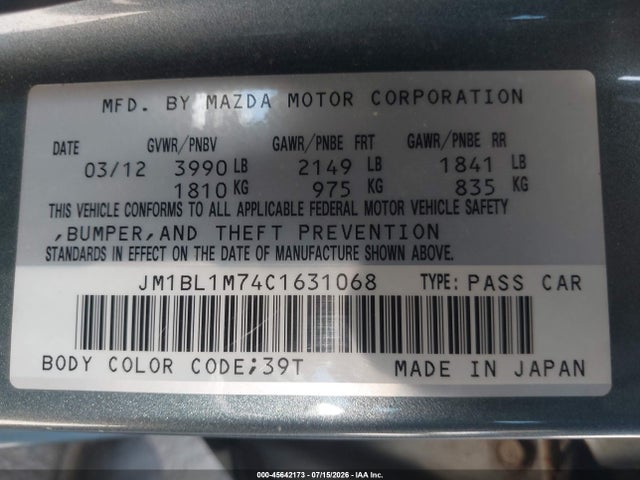 Aukcja sprzedaży 2012 Mazda Mazda3 I Grand Touring, vin: JM1BL1M74C1631068, numer aukcji: 45642173