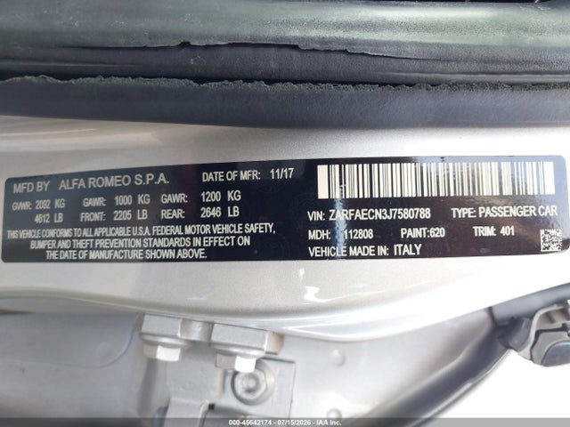 Aukcja sprzedaży 2018 Alfa Romeo Giulia Ti Sport, vin: ZARFAECN3J7580788, numer aukcji: 45642174
