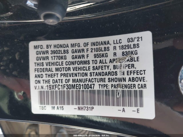 Honda CIVIC EX 2021 19XFC1F30ME010047 Image 9
