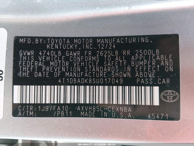 Aukcja sprzedaży 2025 Toyota Camry Le, vin: 4T1DBADK8SU017049, numer aukcji: 45642177