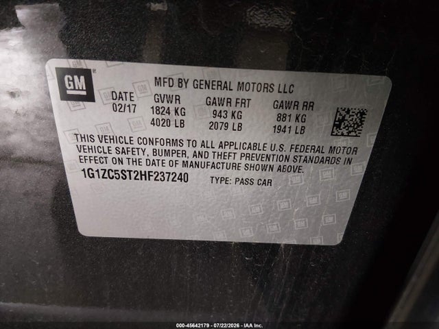 Продаж на аукціоні авто 2017 Chevrolet Malibu 1fl, vin: 1G1ZC5ST2HF237240, номер лоту: 45642179