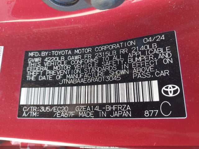 Продажа на аукционе авто 2024 Toyota Gr Corolla Premium, vin: JTNABAAE6RA013045, номер лота: 45642194
