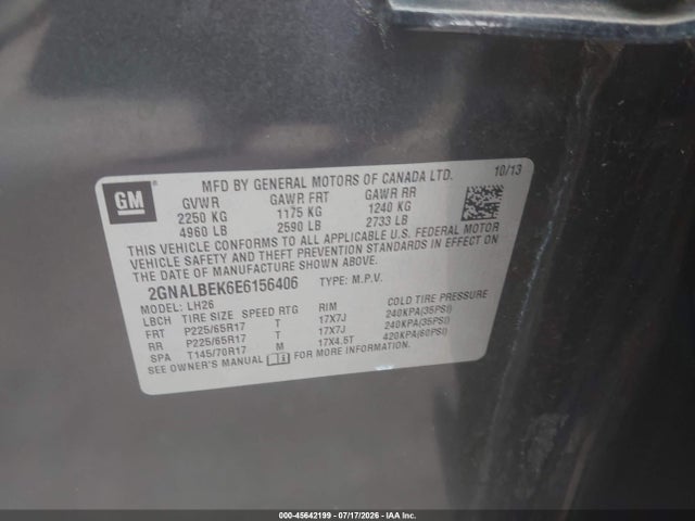45642199 :رقم المزاد ، 2GNALBEK6E6156406 vin ، 2014 Chevrolet Equinox Lt مزاد بيع