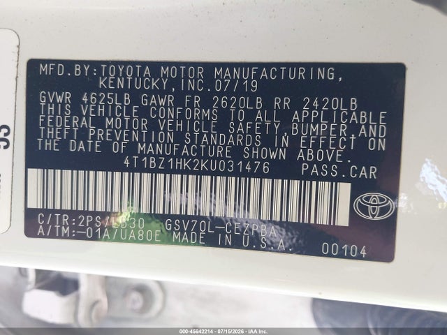 4T1BZ1HK2KU031476 Toyota Camry Xse V6