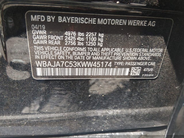 Aukcja sprzedaży 2019 Bmw 5 Series 530i Xdrive, vin: WBAJA7C53KWW45174, numer aukcji: 45642224