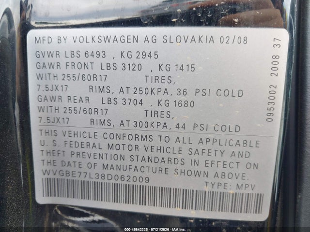 2008 Volkswagen Touareg 2 Vr6 Fsi მანქანა იყიდება აუქციონზე, vin: WVGBE77L38D062009, აუქციონის ნომერი: 45642225