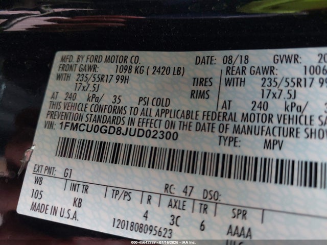 Ford ESCAPE SE 2018 1FMCU0GD8JUD02300 Image 9