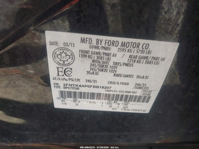 45642233 :رقم المزاد ، 2FMTK4AP0FBB18207 vin ، 2015 Ford Edge Sport مزاد بيع