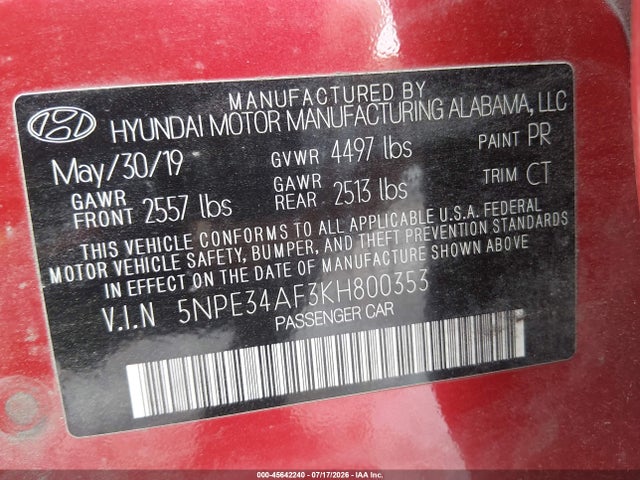 Продаж на аукціоні авто 2019 Hyundai Sonata Sport, vin: 5NPE34AF3KH800353, номер лоту: 45642240