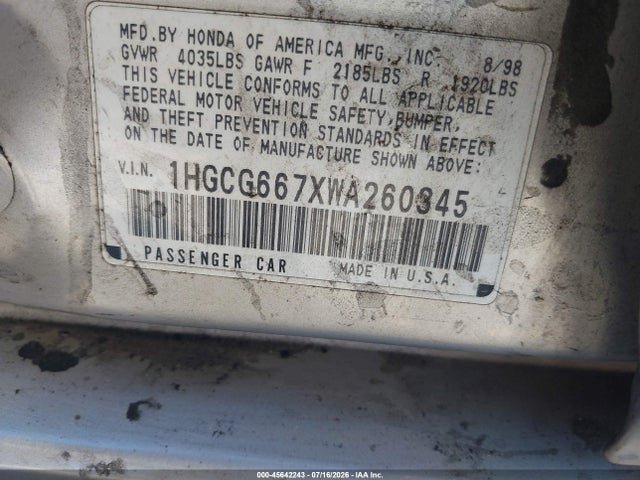 Aukcja sprzedaży 1998 Honda Accord Ex, vin: 1HGCG667XWA260345, numer aukcji: 45642243