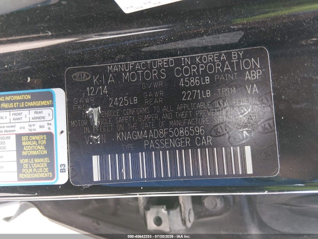 45642253 :رقم المزاد ، KNAGM4AD8F5086596 vin ، 2015 Kia Optima Hybrid مزاد بيع