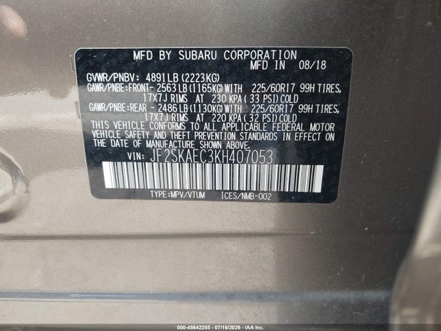 Продаж на аукціоні авто 2019 Subaru Forester Premium, vin: JF2SKAEC3KH407053, номер лоту: 45642255