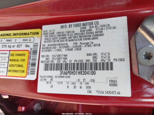 Ford FUSION SE 2017 3FA6P0HD1HR304100 Image 9