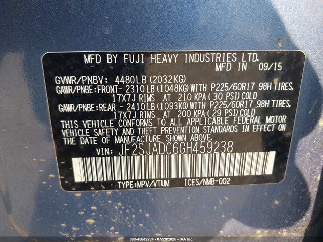 2016 Subaru Forester 2.5i Premium მანქანა იყიდება აუქციონზე, vin: JF2SJADC6GH459238, აუქციონის ნომერი: 45642284