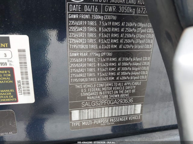 Продажа на аукционе авто 2016 Land Rover Range Rover 3.0l V6 Supercharged Hse, vin: SALGS2PF0GA293636, номер лота: 45642290