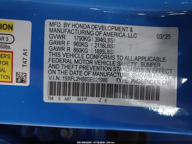 2025 Honda Civic Sedan Sport მანქანა იყიდება აუქციონზე, vin: 19XFL2H88SE021986, აუქციონის ნომერი: 45642295