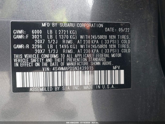 Продаж на аукціоні авто 2022 Subaru Ascent Limited, vin: 4S4WMAPD5N3439015, номер лоту: 45642309