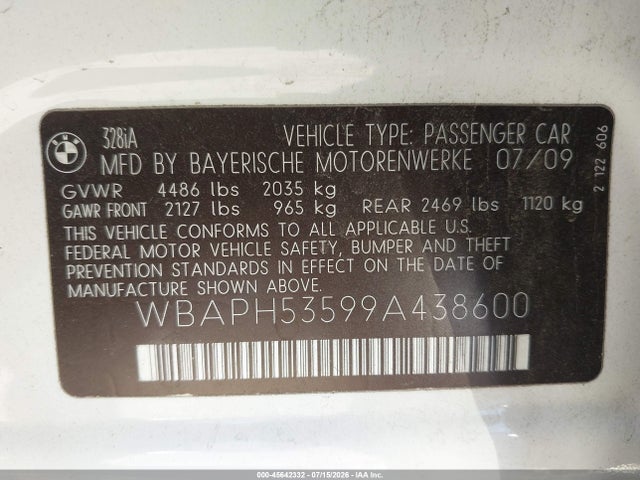 2009 Bmw 328i მანქანა იყიდება აუქციონზე, vin: WBAPH53599A438600, აუქციონის ნომერი: 45642332