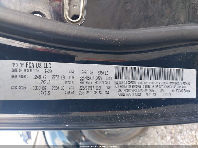 45642388 :رقم المزاد ، 3C4PDCAB2LT220476 vin ، 2020 Dodge Journey Se Value مزاد بيع