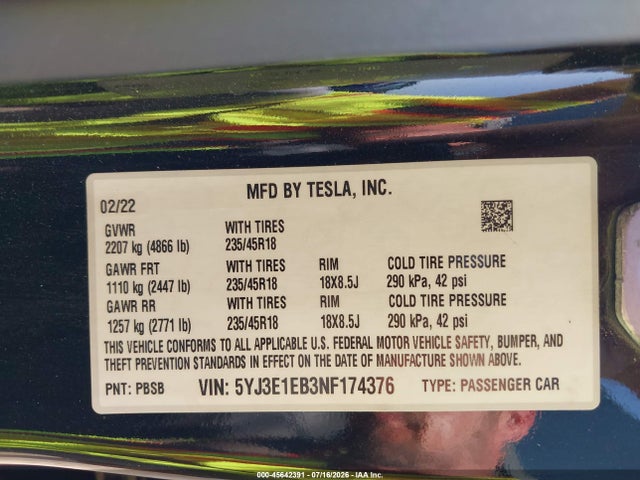 Tesla Model 3 Long Range Dual Motor All-wheel Drive 2022 5YJ3E1EB3NF174376 Image 9
