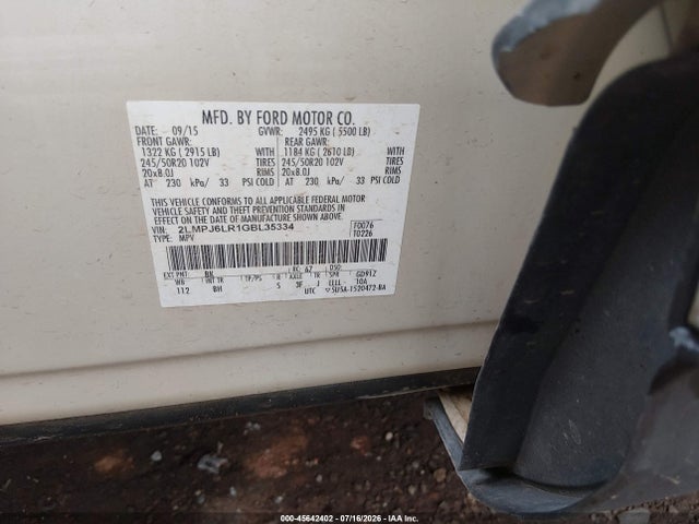 45642402 :رقم المزاد ، 2LMPJ6LR1GBL35334 vin ، 2016 Lincoln Mkx Reserve مزاد بيع