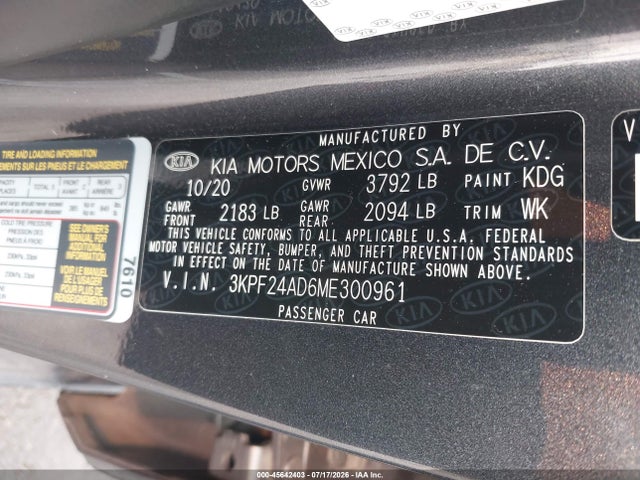Продажа на аукционе авто 2021 Kia Forte Lxs, vin: 3KPF24AD6ME300961, номер лота: 45642403
