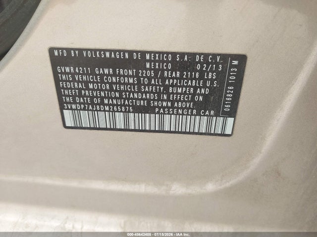 Aukcja sprzedaży 2013 Volkswagen Jetta 2.5l Se, vin: 3VWDP7AJ8DM265875, numer aukcji: 45642405