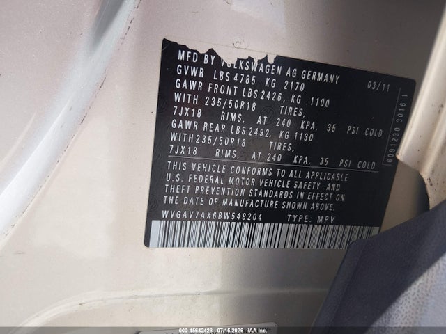Aukcja sprzedaży 2011 Volkswagen Tiguan Se, vin: WVGAV7AX6BW548204, numer aukcji: 45642428
