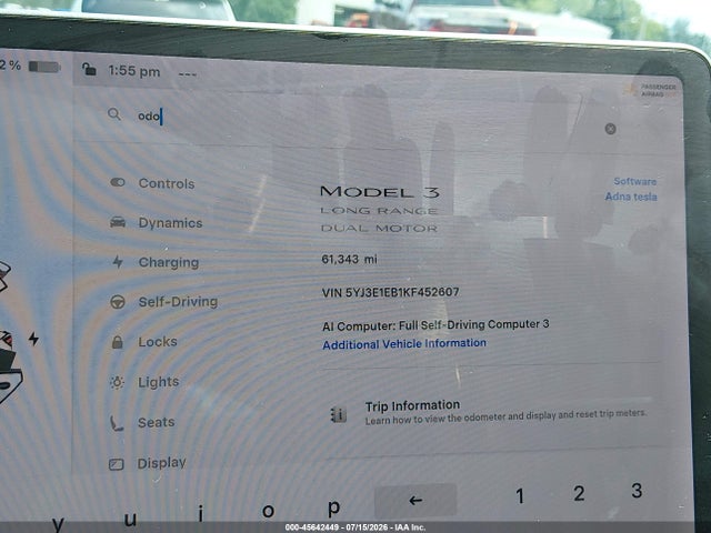 5YJ3E1EB1KF452607 Tesla Model 3 Long Range/performance