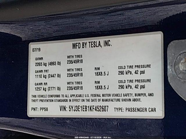 5YJ3E1EB1KF452607 Tesla Model 3 Long Range/performance